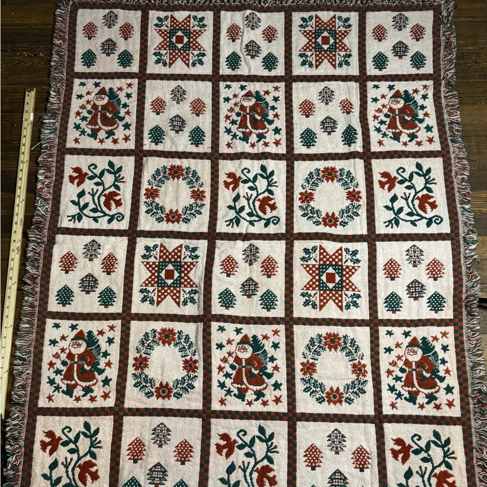 Vintage Christmas Throw Blanket Fringes 66" X 46" Santa Xmas Tree Wreath
